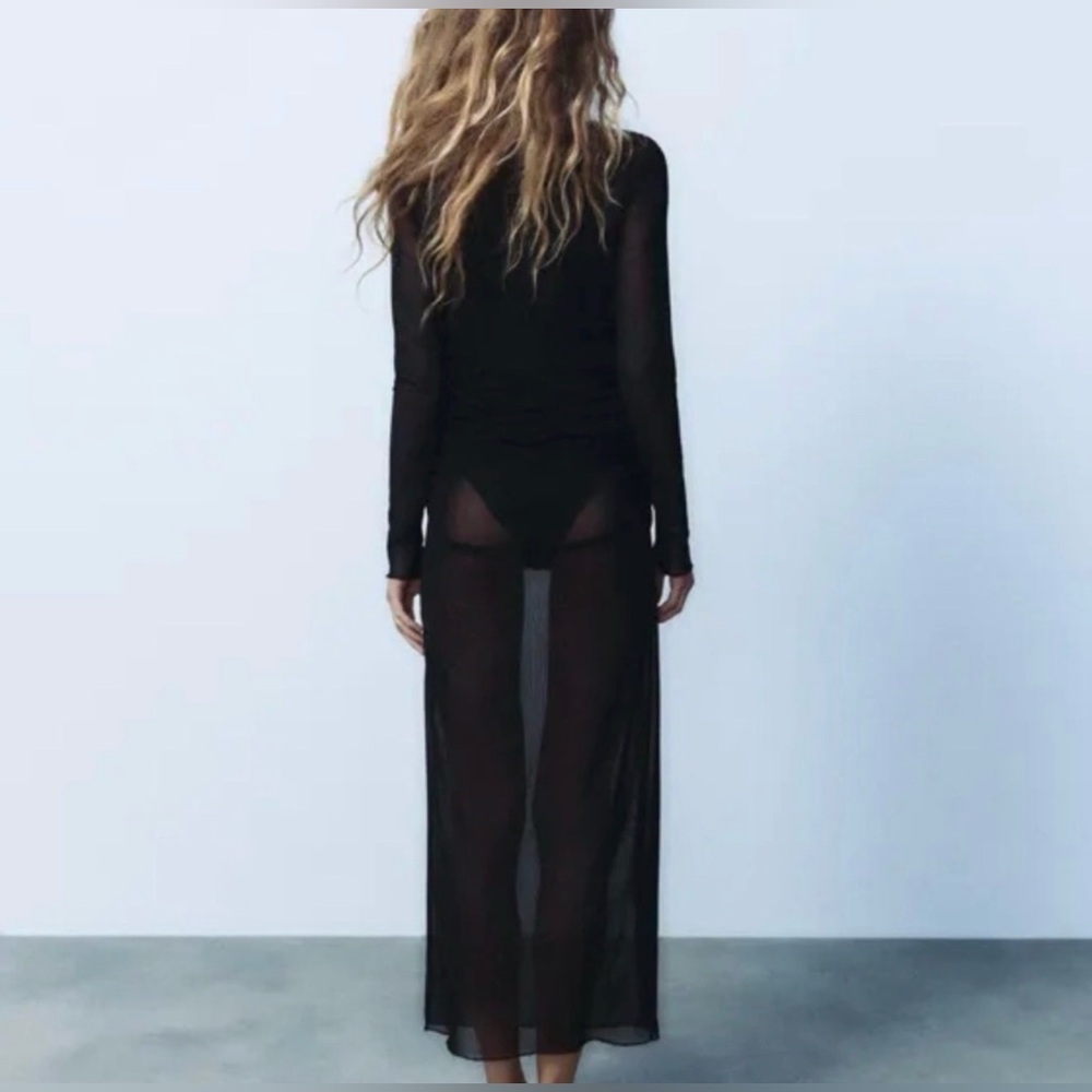 NWOT ZARA Sheer Ruched Maxi Dress Built-In Bodysuit Long Sleeve Mesh Black - Picture 2 of 7